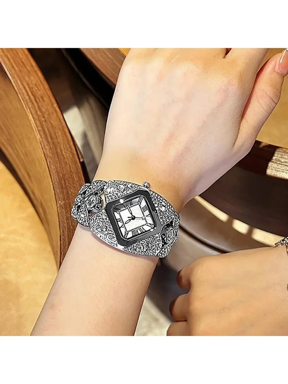 Women's Silver White Rhinestone Bracelet Roman Numerals Dial Stylish Wrist Watch